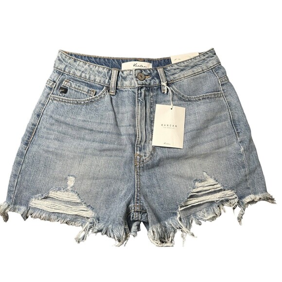 NWT KanCan Denim Shorts Size XS Relaxed Fit Raw Hem Light Wash Stretch‎ #I4-3 - Picture 1 of 9